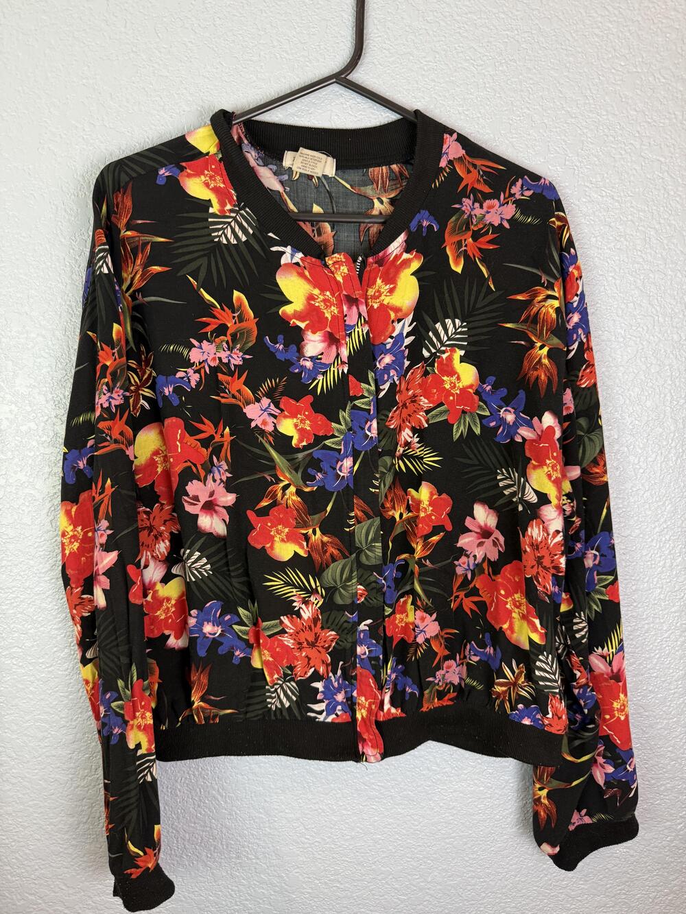 Passport Jacket Womens XL Black Floral Rayon Bomber Full Zip Lightweight Casual